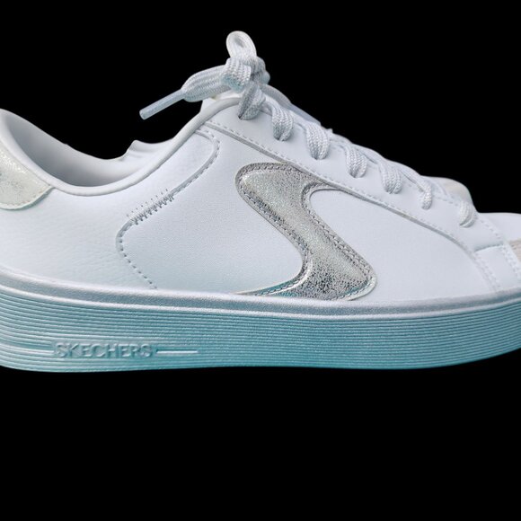 LADIES SKECHERS COURT & CLASSICS MEMORY FOAM AIR COOLED WHITE & SILVER SIZE 8 - Picture 2 of 5